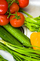 fresh whole vegetables - tomatoes, green onions, cucumbers, yellow bell pepper, parsley and lettuce, close up