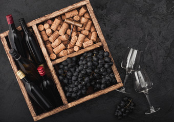 Mini bottles of red wine and empty glasses with dark grapes with corks and opener inside vintage...