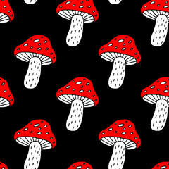 Cute cartoon amanita pattern with hand drawn mushrooms. Funny vector colorful amanita pattern. Seamless cheerful doodle amanita pattern for textile, wallpapers, cards, wrapping and web.