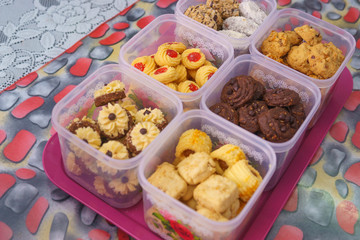 Assorted cookies ready to be served during Eid Fitri
