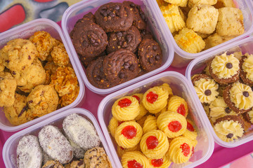 Assorted cookies ready to be served during Eid Fitri