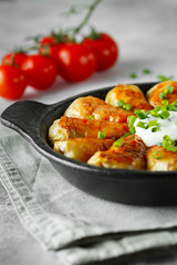 Russian stuffed cabbage rolls served with tomatoes, green onions and sour cream in heat-resistant black dishes on a gray background.