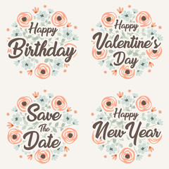 Greeting card template for happy birthday valentine's day and happy new year with flower wreath.