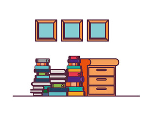 wooden drawer with stack of books in white background