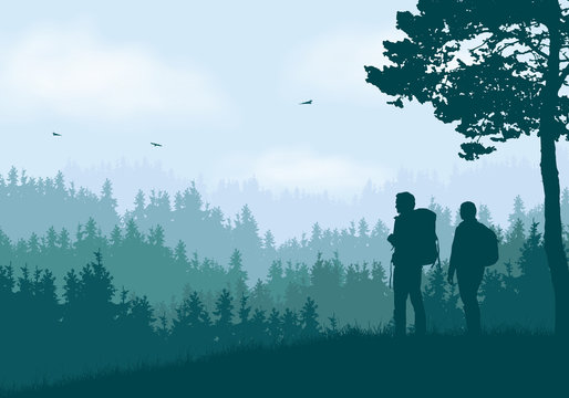 Realistic illustration of mountain landscape with coniferous forest and hills under clear blue and green sky with white clouds. Two hikers, man and woman with backpacks standing and looking, vector