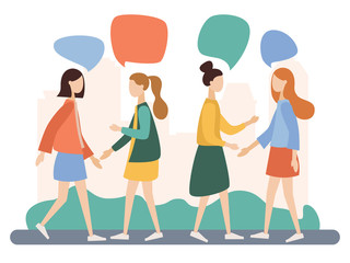 Women talking. People discuss social network, news, social networks, chat, dialogue speech bubbles. Flat cartoon style. Vector illustration