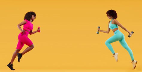 Fototapeta na wymiar Two strong athletic, women sprinter or runner, running on yellow background with dumbbells wearing color sportswear. Fitness and sport motivation.