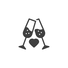 Two glasses of champagne with heart vector icon. filled flat sign for mobile concept and web design. Couple Champagne Glasses toasting glyph icon. Symbol, logo illustration. Vector graphics