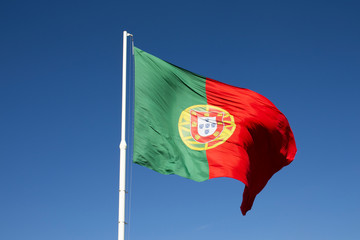Portugal flag. The national Portuguese flag  waving on a pole. 