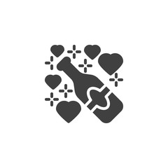 Champagne bottle with hearts splash vector icon. filled flat sign for mobile concept and web design. Wedding day celebration glyph icon. Symbol, logo illustration. Vector graphics