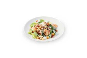Salad with cheese and fresh vegetables on white background.