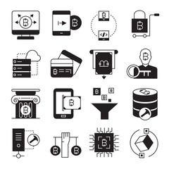 cryptocurrency, bitcoin and blockchain tech icons