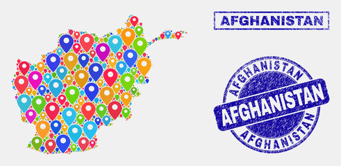 Vector bright mosaic Afghanistan map and grunge stamp seals. Flat Afghanistan map is formed from randomized colorful navigation pointers. Stamp seals are blue, with rectangle and rounded shapes.