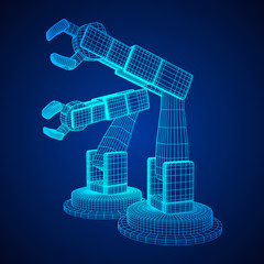 Robotic arm manufacture technology industry assembly mechanic hand wireframe low poly mesh vector illustration