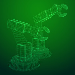 Robotic arm manufacture technology industry assembly mechanic hand wireframe low poly mesh vector illustration