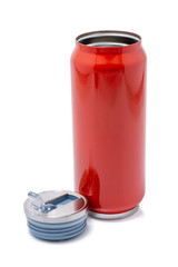 Red thermos bottle opened cap or Stainless steel thermos travel tumbler