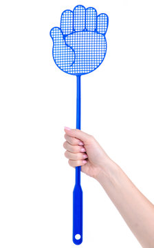 Blue fly swatter in hand on a white background isolation
