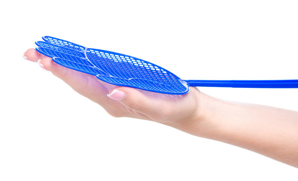 Blue fly swatter in hand on a white background isolation