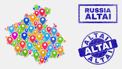 Vector bright mosaic Altai Republic map and grunge stamp seals. Abstract Altai Republic map is formed from randomized colorful site locations. Stamp seals are blue, with rectangle and rounded shapes.