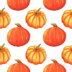 Seamless pattern with autumn pumkin  on a white background . Hand painted in watercolor.