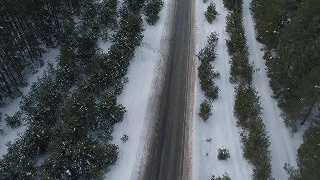 Asphalt road passing through the pine forest. On the winter, forest road traffic. Aerial survey of the winter forest road