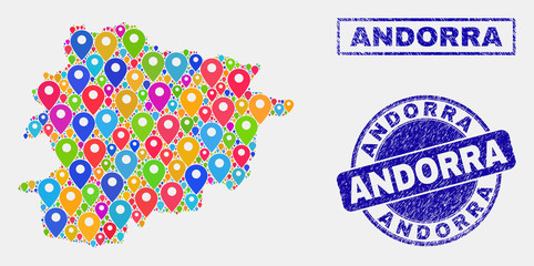 Vector bright mosaic Andorra map and grunge stamp seals. Flat Andorra map is composed from random colorful map pointers. Stamp seals are blue, with rectangle and round shapes.