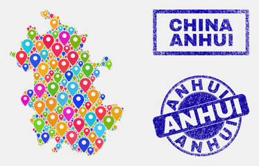 Vector colorful mosaic Anhui Province map and grunge stamp seals. Flat Anhui Province map is created from scattered colorful map markers. Seals are blue, with rectangle and round shapes.