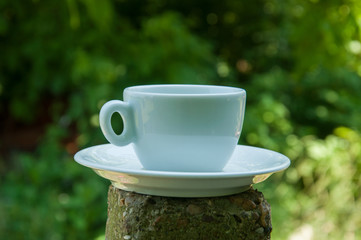 White coffee cup on a concrete pillar in nature.Coffee time