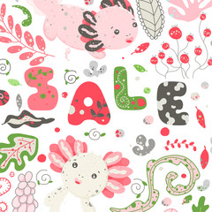 Cute Kawaii axolotl, baby amphibian drawing. Cute animal drawing, funny cartoon illustration. lettering SALE. Flat style design. Ambystoma mexicanum