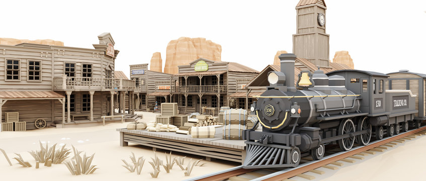 Low polygon Illustration toon style of a westernn train station with various businesses. 3d rendering tow