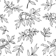 Peony flower, buds, leaves monochrome seamless pattern. Hand drawn outline floral illustration. Black and white botanical sketch for wrapping, invitations, greeting cards, textile, decor, scrapbooking