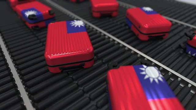 Many travel suitcases featuring flag of Taiwan on roller conveyer. Taiwanese tourism conceptual animation
