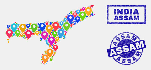 Vector bright mosaic Assam State map and grunge stamp seals. Abstract Assam State map is designed from scattered bright map pointers. Stamp seals are blue, with rectangle and round shapes.