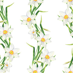 Watercolor narcissus flower seamless pattern. Hand drawn daffodil border illustration on white background. Floral design for textile, wallpaper, wrapping, greeting card, scrapbook, wedding, cosmetics