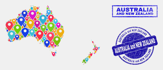 Vector colorful mosaic Australia and New Zealand map and grunge seals. Flat Australia and New Zealand map is created from random colorful geo locations. Watermarks are blue,