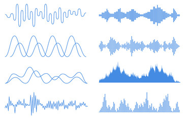 Blue sound waves set. Audio equalizer technology, pulse musical. Music audio frequency, voice line waveform, electronic radio signal, volume level symbol