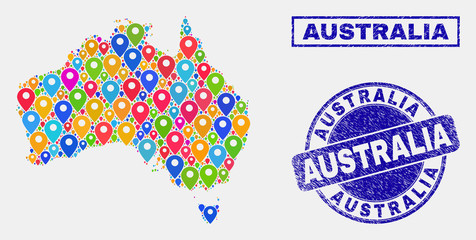 Vector bright mosaic Australia map and grunge stamp seals. Flat Australia map is composed from scattered bright map markers. Seals are blue, with rectangle and round shapes.