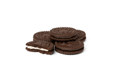 Chocolate cookies with milk filling isolated on white background.