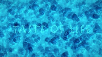 Turquoise Blue Water Surface With Splashing Waves and Text Saying Taste Of Life. Computer Generated Animation 