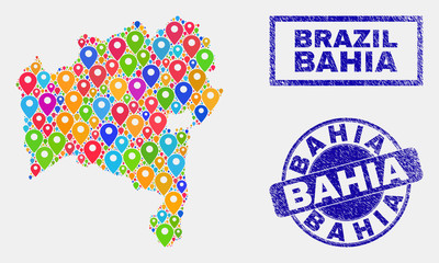 Vector bright mosaic Bahia State map and grunge seals. Abstract Bahia State map is composed from scattered bright site locations. Seals are blue, with rectangle and round shapes.