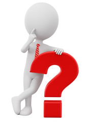 Character businessman leaning on a big question mark sign on a white background. 3d render illustration.