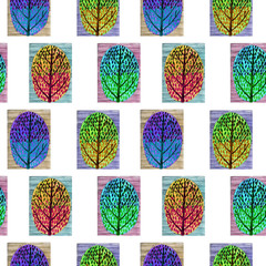 watercolor tree set seamless pattern illustration. Four seasson background 