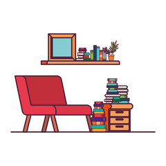 living room with couch and stack of books