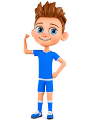 Cartoon character boy football player showing muscles on a white background. 3d rendering. Illustration for advertising.