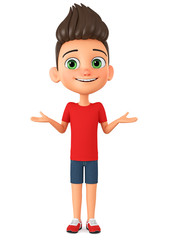 Character cartoon boy in red t-shirt shrugged. 3d rendering. Illustration for advertising.