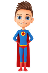 Cartoon character shy boy dressed like a hero. 3d render illustration. Illustration for advertising.