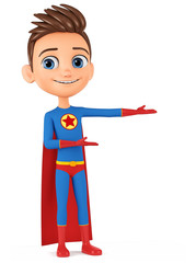 Cartoon character boy dressed as a hero is showing hands on an empty space. 3d render illustration. Illustration for advertising.