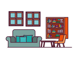 living room with couch and bookshelf of books