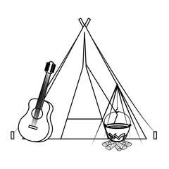tent camping with guitar and wood fire