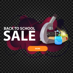 Back to school, discount web banner in the form of lava lamp with microscope, books and chemical flask
